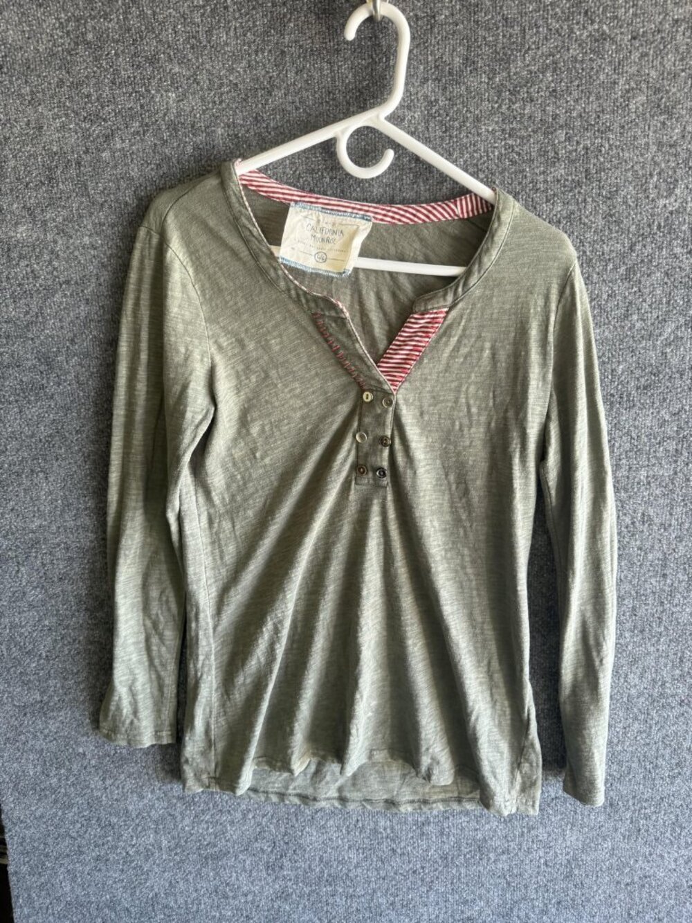 California MoonRise Shirt Womens Large Green Henley Long Sleeve Striped Trim Top